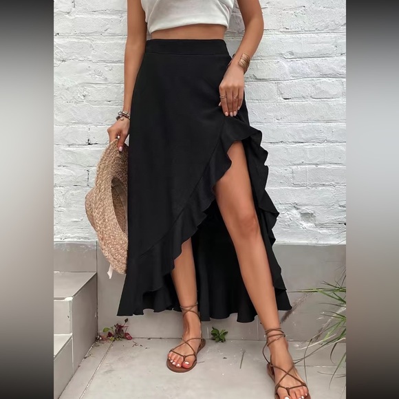 Boho black slit thigh ruffle hem maxi skirt - Picture 5 of 5